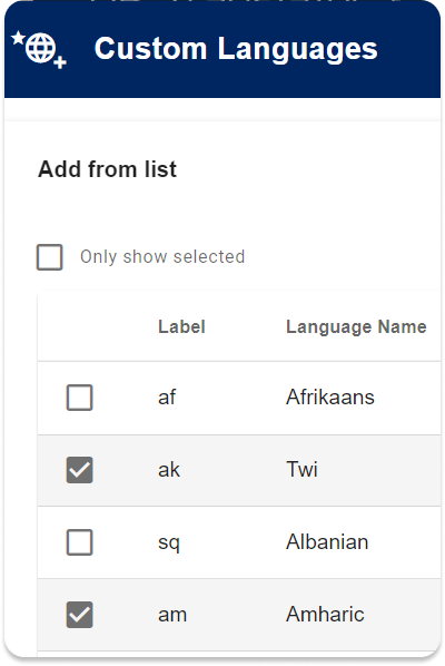 Screenshot of the curated list of machine translatable languages in the Custom Languages dialog.